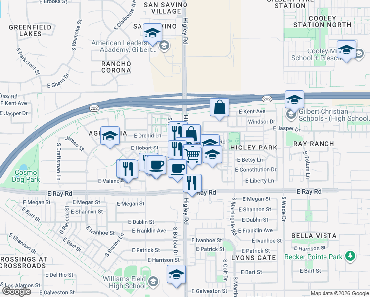 map of restaurants, bars, coffee shops, grocery stores, and more near 1440 South Higley Road in Gilbert