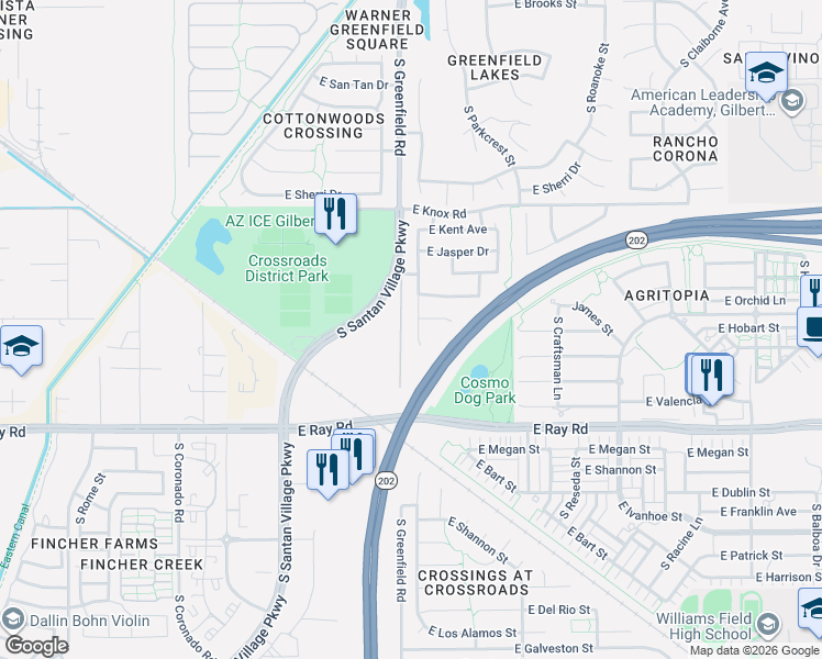 map of restaurants, bars, coffee shops, grocery stores, and more near 1448 South Portland Avenue in Gilbert