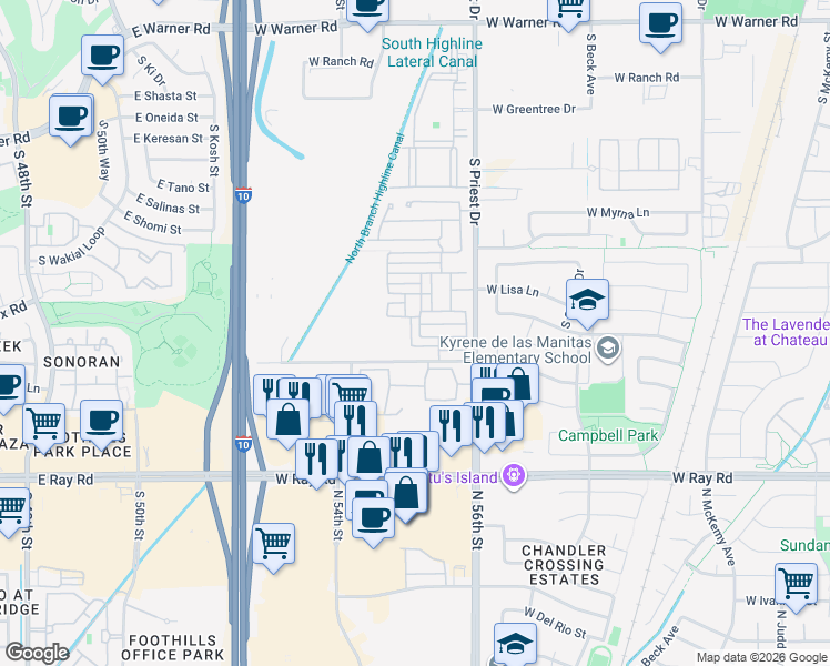 map of restaurants, bars, coffee shops, grocery stores, and more near 1250 Abbey Lane in Chandler