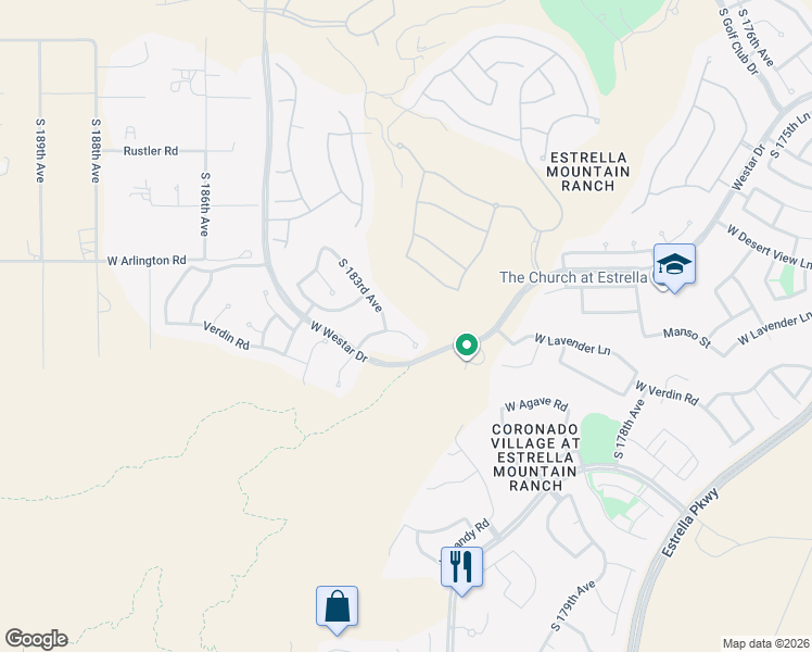 map of restaurants, bars, coffee shops, grocery stores, and more near 18272 Verdin Road in Goodyear