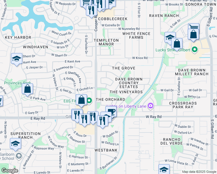 map of restaurants, bars, coffee shops, grocery stores, and more near 734 West Gail Court in Gilbert