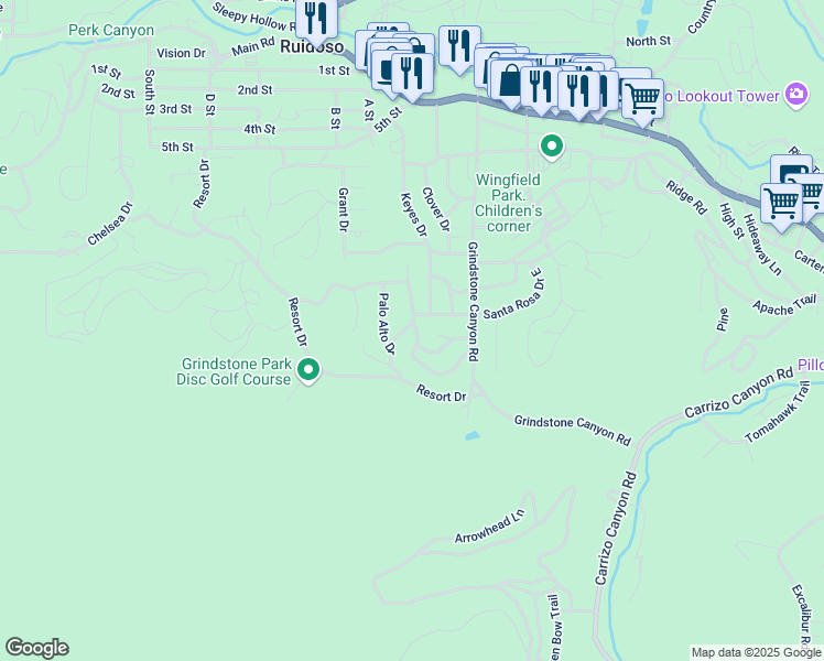 map of restaurants, bars, coffee shops, grocery stores, and more near 113-127 Palo Alto Dr in Ruidoso