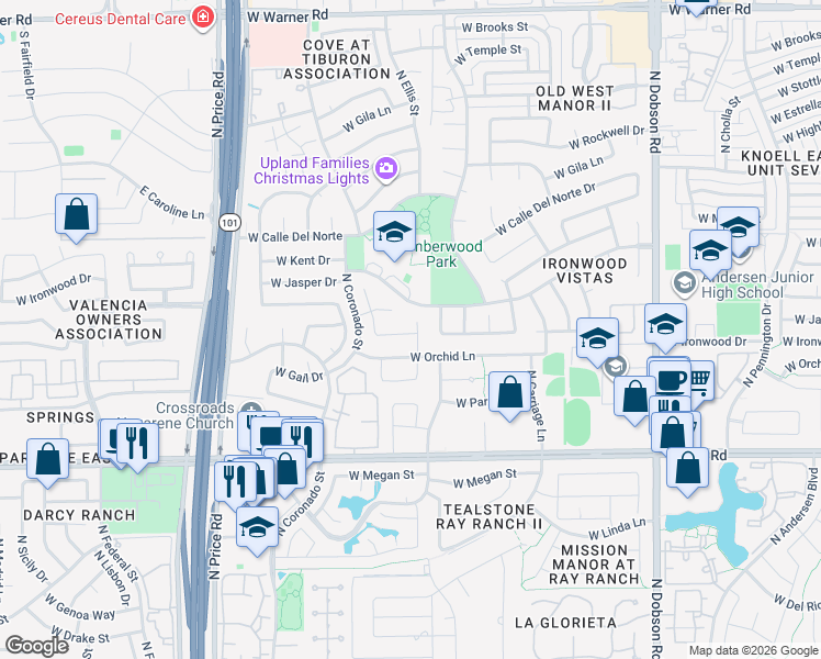 map of restaurants, bars, coffee shops, grocery stores, and more near 2550 West Orchid Lane in Chandler