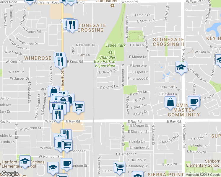 map of restaurants, bars, coffee shops, grocery stores, and more near 449 East Orchid Lane in Chandler