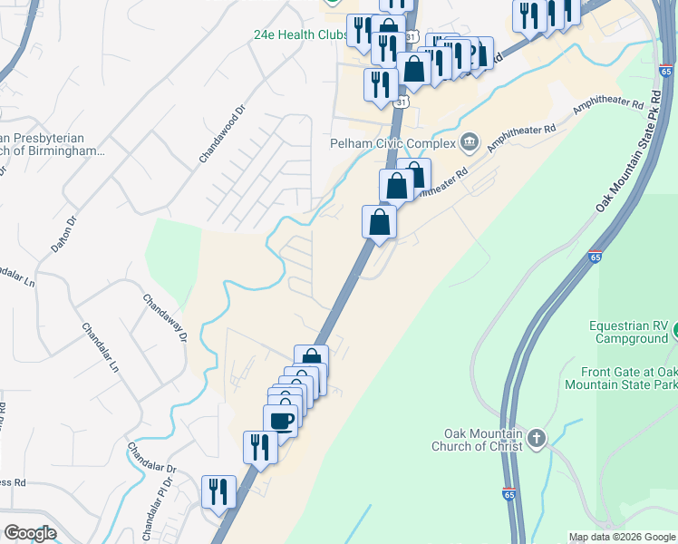 map of restaurants, bars, coffee shops, grocery stores, and more near Opportunity Drive in Pelham