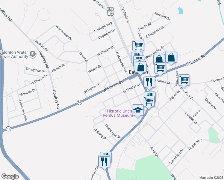 map of restaurants, bars, coffee shops, grocery stores, and more near 400 West Sumter Street in Eatonton