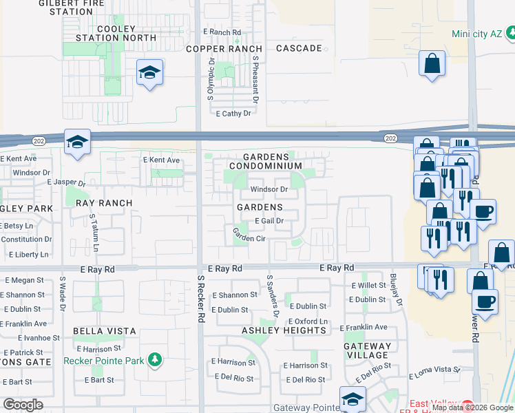 map of restaurants, bars, coffee shops, grocery stores, and more near 4166 East Orchid Lane in Gilbert