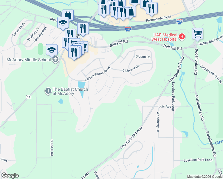 map of restaurants, bars, coffee shops, grocery stores, and more near 6445 Ridge View Circle in Bessemer
