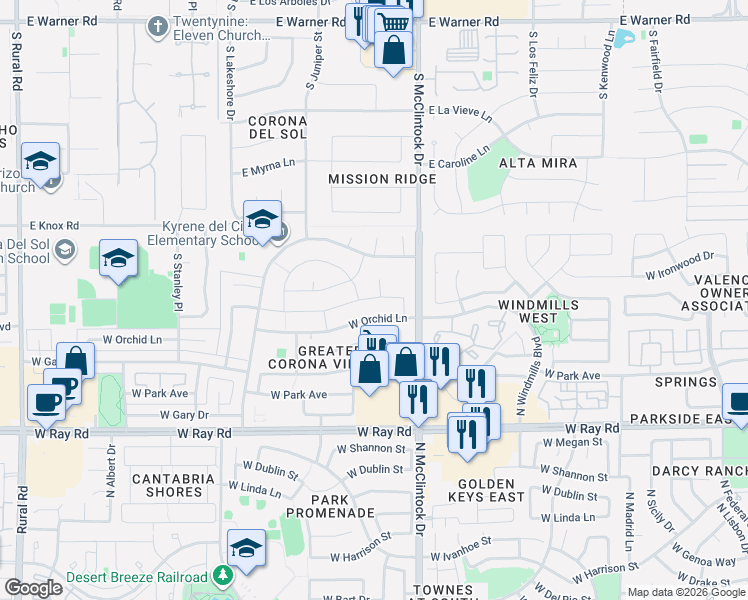 map of restaurants, bars, coffee shops, grocery stores, and more near 4142 West Orchid Lane in Chandler