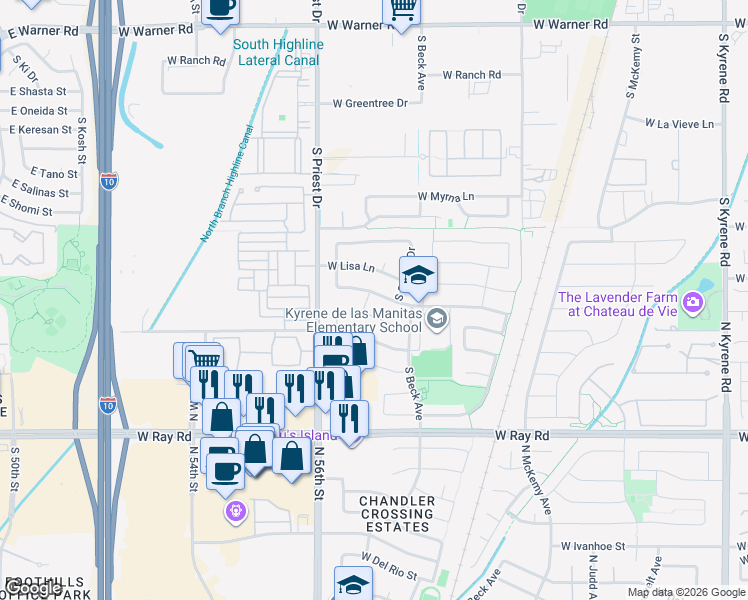map of restaurants, bars, coffee shops, grocery stores, and more near 1318 West Larona Lane in Tempe