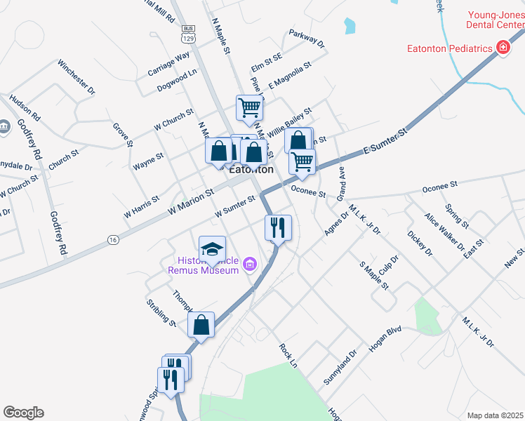 map of restaurants, bars, coffee shops, grocery stores, and more near 204 South Jefferson Avenue in Eatonton