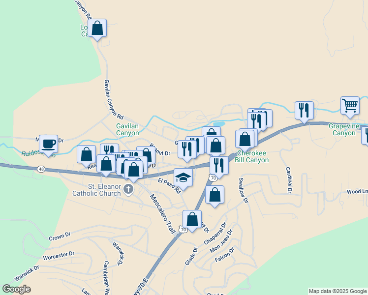 map of restaurants, bars, coffee shops, grocery stores, and more near 100-198 North Sutton Drive in Ruidoso