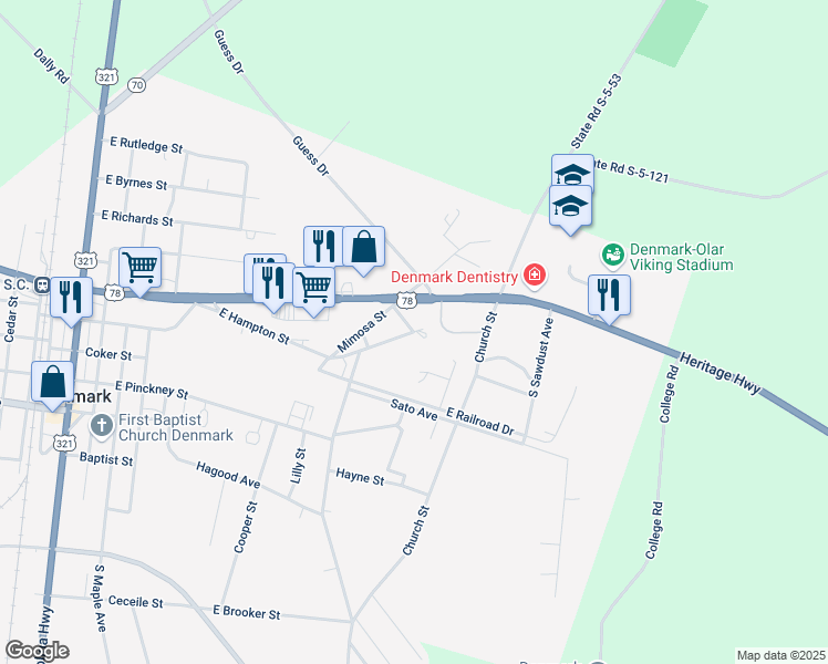 map of restaurants, bars, coffee shops, grocery stores, and more near 81 East Hampton Street in Denmark