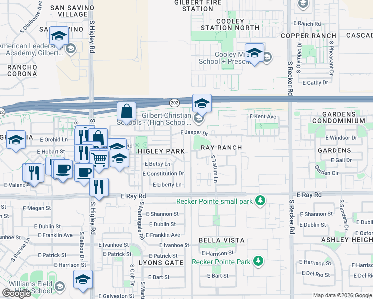 map of restaurants, bars, coffee shops, grocery stores, and more near 1415 South Ponderosa Drive in Gilbert