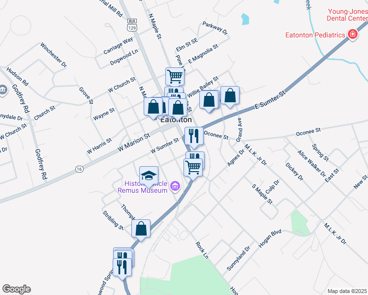 map of restaurants, bars, coffee shops, grocery stores, and more near 204 South Jefferson Avenue in Eatonton