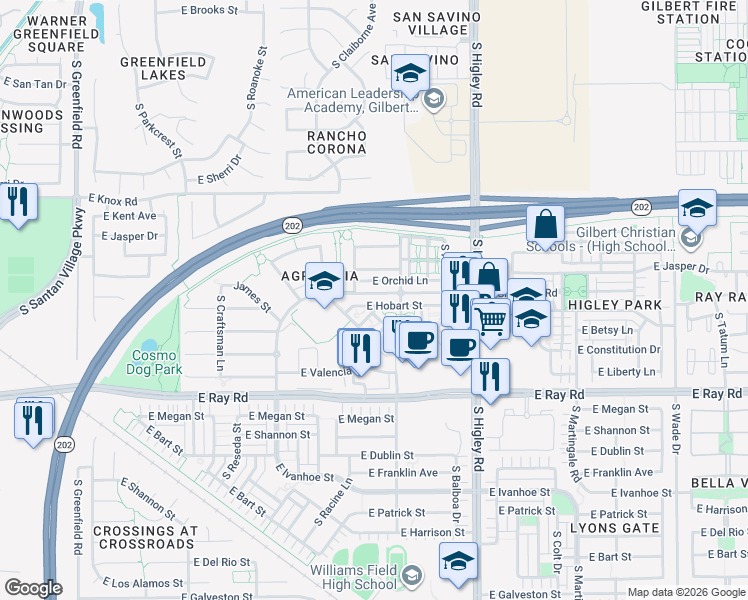 map of restaurants, bars, coffee shops, grocery stores, and more near 2979 East Orchid Lane in Gilbert