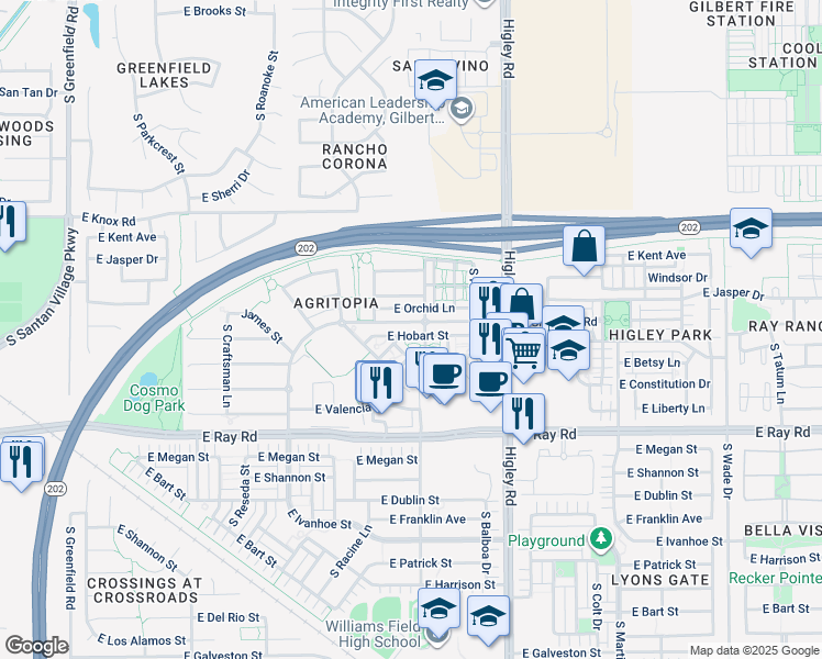 map of restaurants, bars, coffee shops, grocery stores, and more near 3043 East Orchid Lane in Gilbert