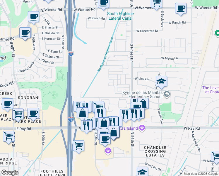 map of restaurants, bars, coffee shops, grocery stores, and more near 1250 Abbey Lane in Chandler