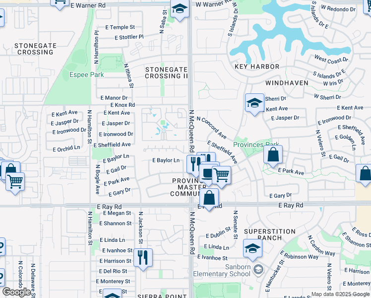 map of restaurants, bars, coffee shops, grocery stores, and more near 1320 North McQueen Road in Chandler