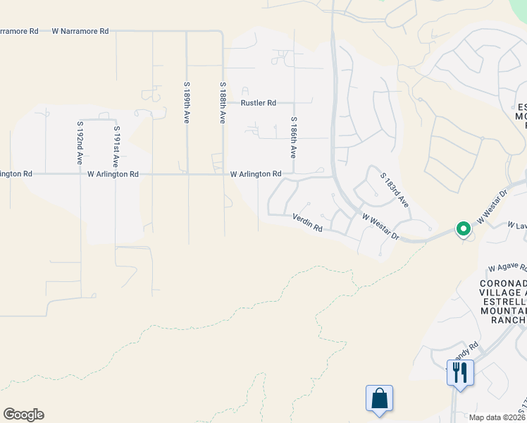 map of restaurants, bars, coffee shops, grocery stores, and more near 13402 South 186th Drive in Goodyear