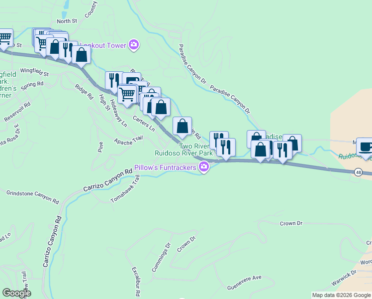 map of restaurants, bars, coffee shops, grocery stores, and more near 299 S Hickory Rd in Ruidoso