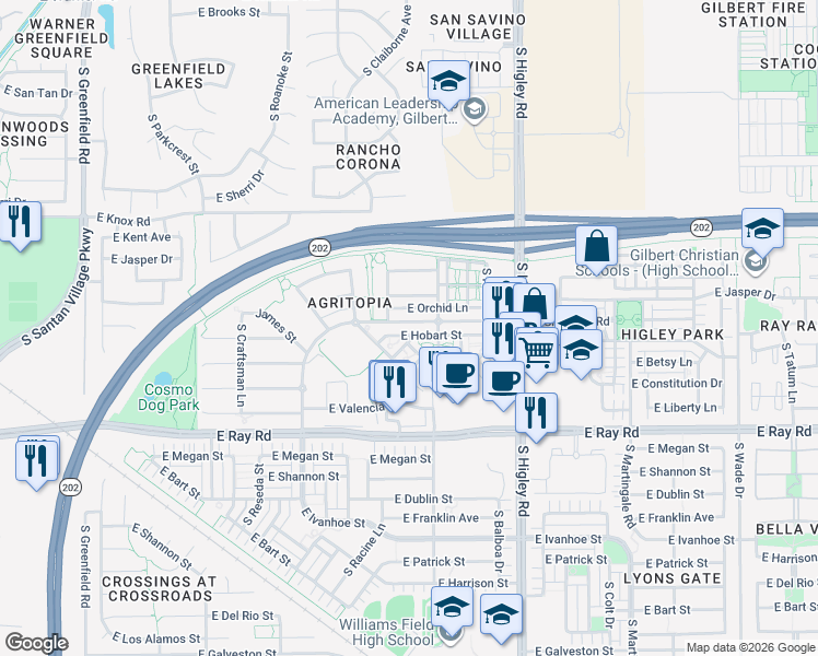map of restaurants, bars, coffee shops, grocery stores, and more near 2979 East Orchid Lane in Gilbert