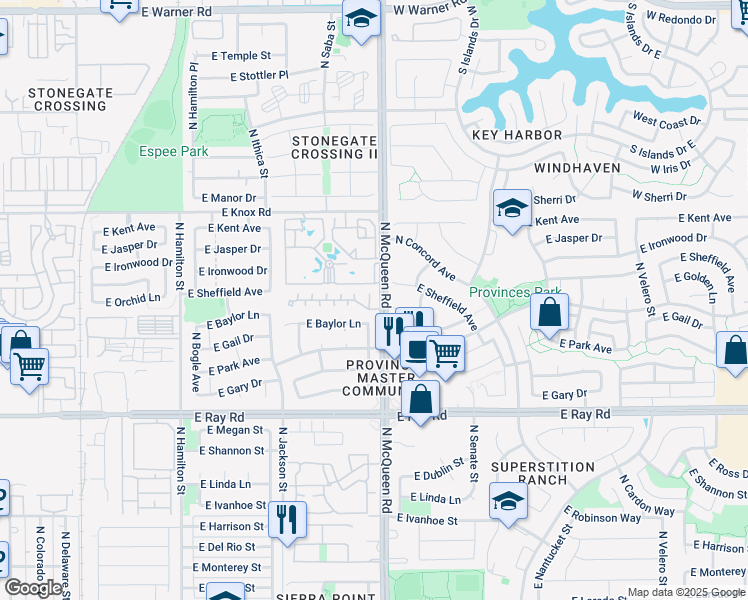 map of restaurants, bars, coffee shops, grocery stores, and more near 1320 North McQueen Road in Chandler
