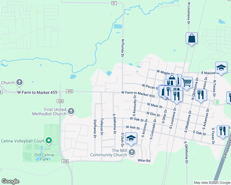 map of restaurants, bars, coffee shops, grocery stores, and more near 805 West Walnut Street in Celina