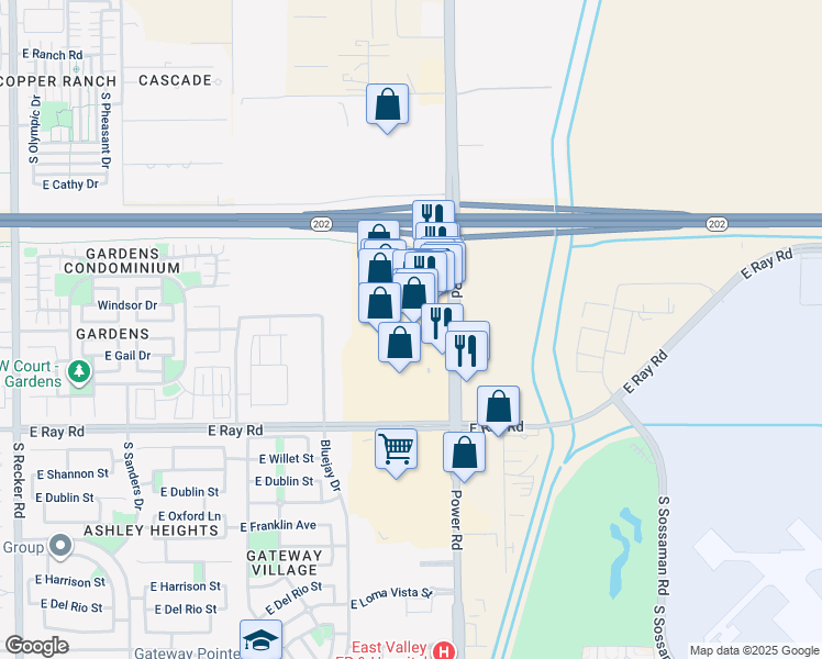map of restaurants, bars, coffee shops, grocery stores, and more near 5110 South Power Road in Mesa