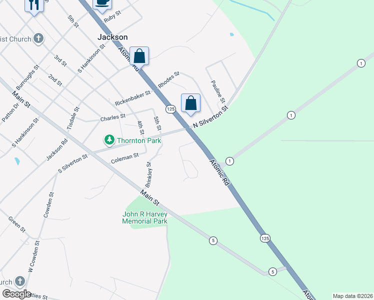 map of restaurants, bars, coffee shops, grocery stores, and more near 19460 Atomic Road in Jackson