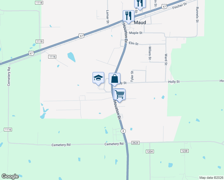 map of restaurants, bars, coffee shops, grocery stores, and more near 389 Houston Drive in Maud
