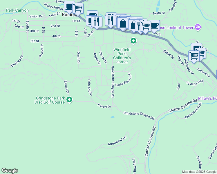map of restaurants, bars, coffee shops, grocery stores, and more near 410-498 Grindstone Canyon Road in Ruidoso