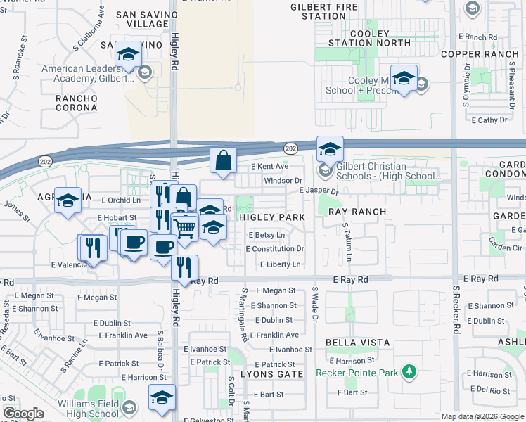 map of restaurants, bars, coffee shops, grocery stores, and more near 3465 East Jasper Drive in Gilbert