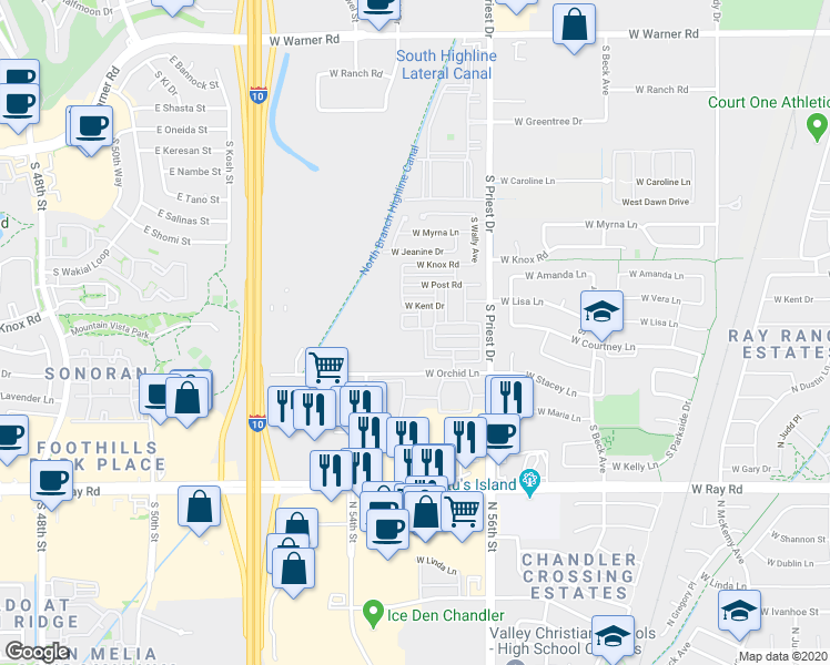 map of restaurants, bars, coffee shops, grocery stores, and more near 7150 West Kent Drive in Chandler