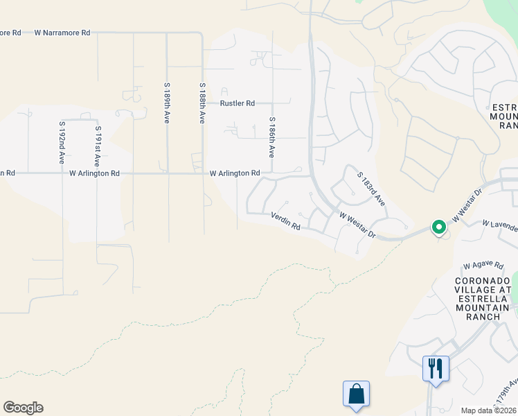 map of restaurants, bars, coffee shops, grocery stores, and more near 13464 South 186th Avenue in Goodyear