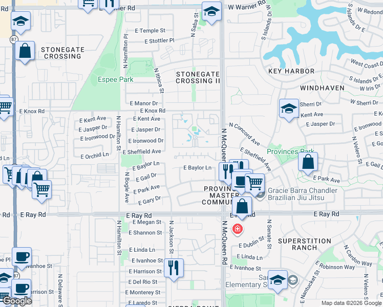 map of restaurants, bars, coffee shops, grocery stores, and more near 1320 North McQueen Road in Chandler