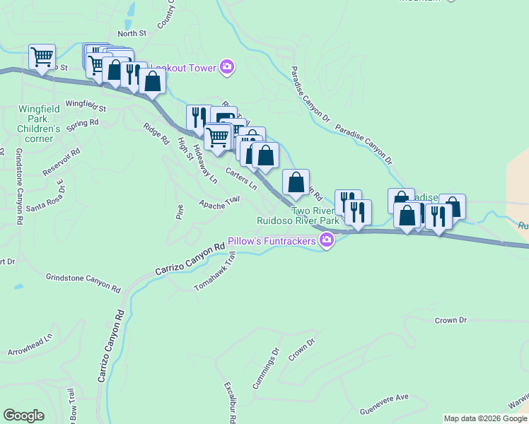 map of restaurants, bars, coffee shops, grocery stores, and more near 115 Carters Lane in Ruidoso