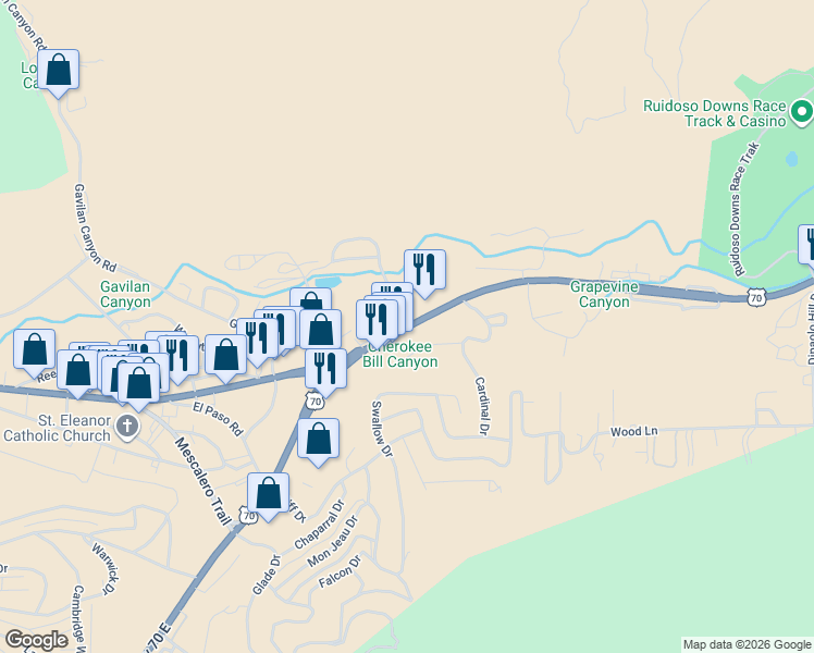 map of restaurants, bars, coffee shops, grocery stores, and more near U.S. 70 in Ruidoso