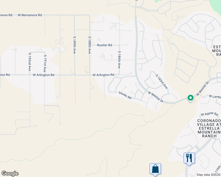 map of restaurants, bars, coffee shops, grocery stores, and more near 13402 South 186th Drive in Goodyear
