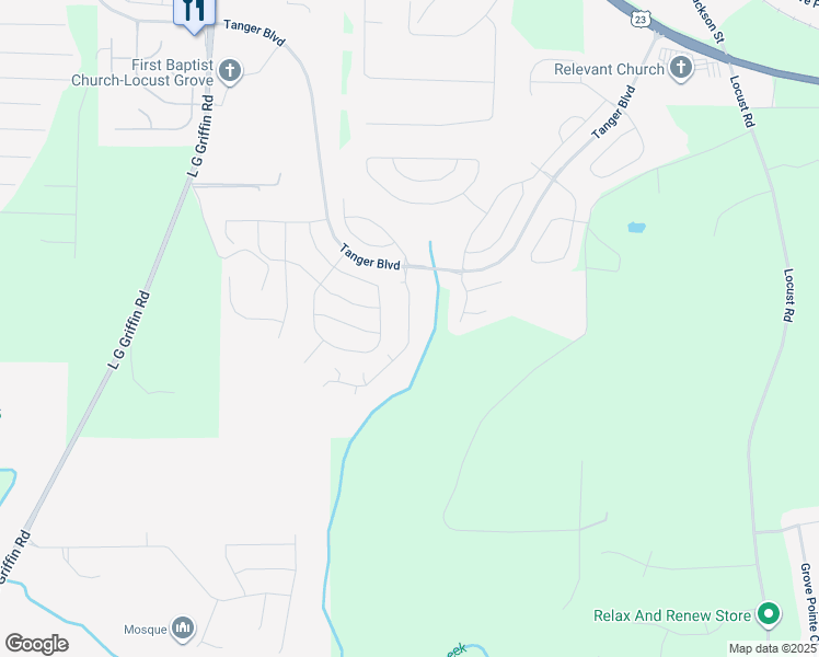 map of restaurants, bars, coffee shops, grocery stores, and more near 461 Kirkland Drive in Locust Grove
