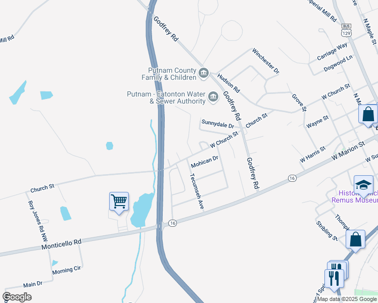 map of restaurants, bars, coffee shops, grocery stores, and more near 109 Milton Drive in Eatonton