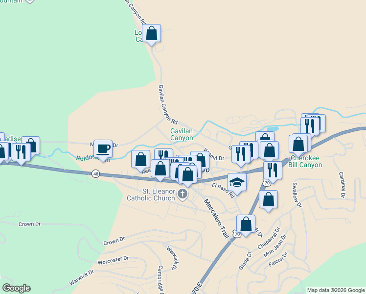 map of restaurants, bars, coffee shops, grocery stores, and more near 489 Walnut Dr in Ruidoso
