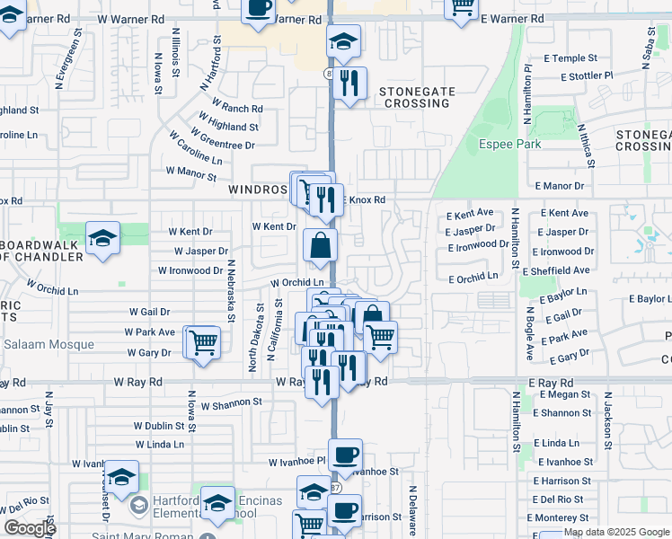 map of restaurants, bars, coffee shops, grocery stores, and more near 1255 North Arizona Avenue in Chandler
