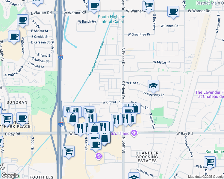 map of restaurants, bars, coffee shops, grocery stores, and more near 1316 North Alison Way in Chandler