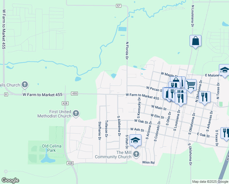 map of restaurants, bars, coffee shops, grocery stores, and more near 224 Lakeview Way in Celina