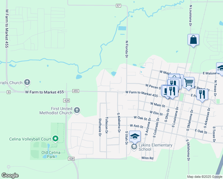 map of restaurants, bars, coffee shops, grocery stores, and more near 224 Lakeview Way in Celina