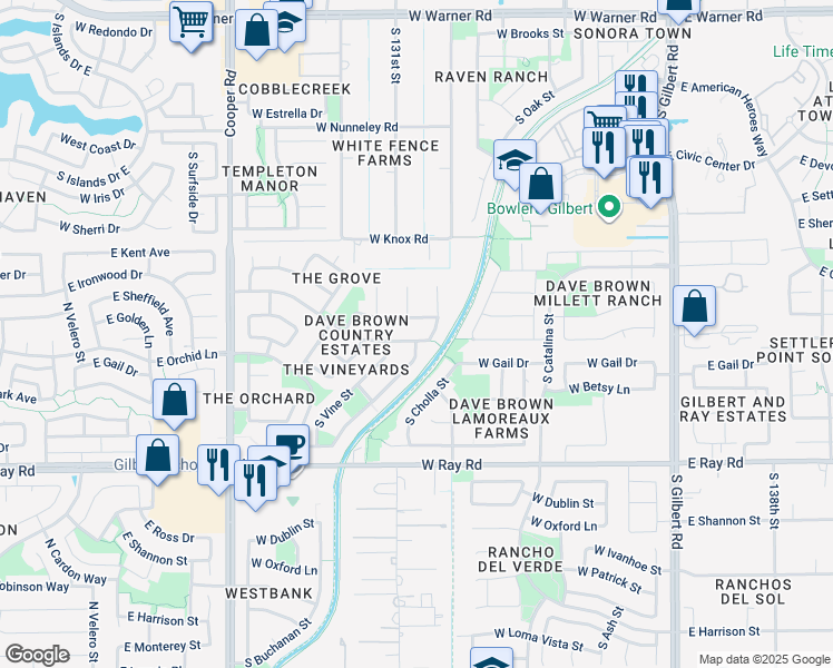 map of restaurants, bars, coffee shops, grocery stores, and more near 441 West Johnson Drive in Gilbert