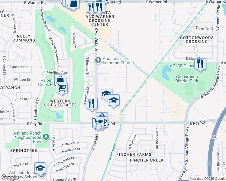 map of restaurants, bars, coffee shops, grocery stores, and more near 15304 East Orchid Lane in Gilbert