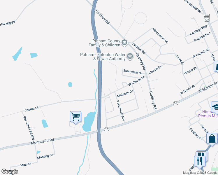 map of restaurants, bars, coffee shops, grocery stores, and more near 109 Milton Drive in Eatonton