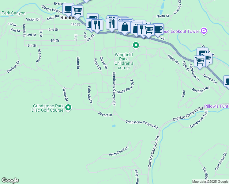 map of restaurants, bars, coffee shops, grocery stores, and more near 498 Grindstone Canyon Rd in Ruidoso